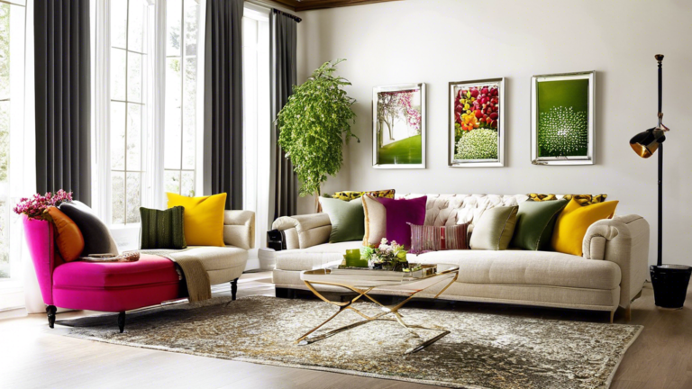 Stylish living room with eclectic sofas, vibrant pillows, and wall art.